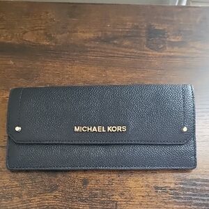 Michael Kors Black Leather Slim Continental Wallet with Gold Logo